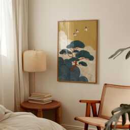 Mustard Japanese Tree Poster Print - Teal Wave Landscape Wall Art Asian Nature Illustration - thumbnail 2