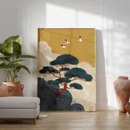Mustard Japanese Tree Poster Print - Teal Wave Landscape Wall Art Asian Nature Illustration - thumbnail 3