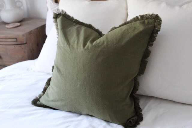 Olive Green Cotton Fringe Cushion With Feather Insert Country Linen Pillow - 45x45cm - image 1