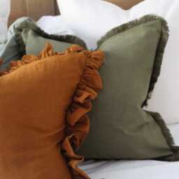 Olive Green Cotton Fringe Cushion With Feather Insert Country Linen Pillow - 45x45cm - thumbnail 2