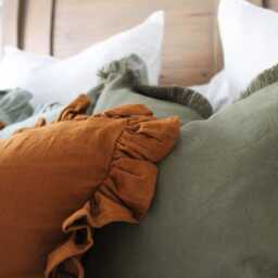 Olive Green Cotton Fringe Cushion With Feather Insert Country Linen Pillow - 45x45cm - thumbnail 3