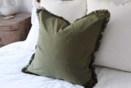 Olive Green Cotton Fringe Cushion With Feather Insert Country Linen Pillow - 45x45cm - thumbnail 1
