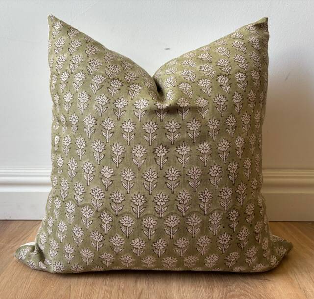 Authentic Boho Floral Indian Hand Block Stamped Linen Print Pillow Cover Green Off White Natural Available in Multiple Sizes Scandinavian - image 1