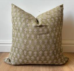 Authentic Boho Floral Indian Hand Block Stamped Linen Print Pillow Cover Green Off White Natural Available in Multiple Sizes Scandinavian - thumbnail 1