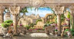 Ancient City Wall Mural - Vintage Old Town Removable Wallpaper, Classical Column Peel & Stick Mural, Historic Architecture Art - thumbnail 1