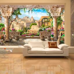 Ancient City Wall Mural - Vintage Old Town Removable Wallpaper, Classical Column Peel & Stick Mural, Historic Architecture Art - thumbnail 2