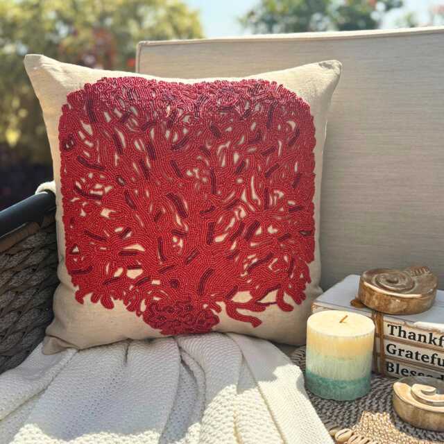 Beige Cotton Linen Red Beaded Nature & Floral Pillow Sham, 24x24/26x26 Modern Euro Sham - Changing Tree - image 1