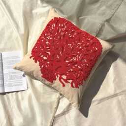 Beige Cotton Linen Red Beaded Nature & Floral Pillow Sham, 24x24/26x26 Modern Euro Sham - Changing Tree - thumbnail 3