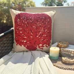Beige Cotton Linen Red Beaded Nature & Floral Pillow Sham, 24x24/26x26 Modern Euro Sham - Changing Tree - thumbnail 2