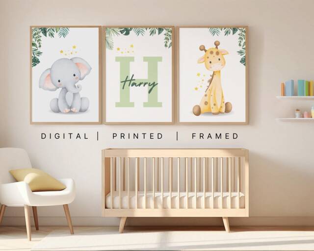 Personalised Safari Animals Nursery Prints & Frames Set Of 3 Gift Home Decor Baby Shower Toddler Boy Girl Jungle Name Child Picture Bedroom - image 1