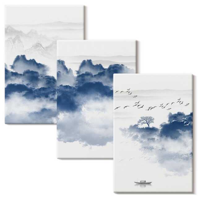 Canvas Wall Art Set Of 3 - Cloud Mountains With Trees & Birds in The Background, Blue Picture Print, Landscapes Decor - image 1