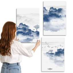Canvas Wall Art Set Of 3 - Cloud Mountains With Trees & Birds in The Background, Blue Picture Print, Landscapes Decor - thumbnail 2