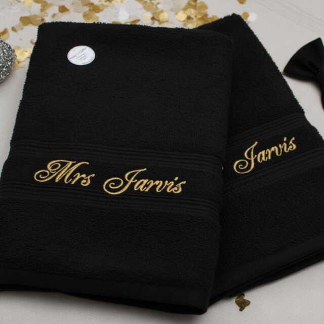 Personalised Black Towels Embroidered Couples Anniversary Gift Set - image 1