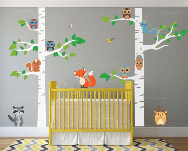 Birch Tree Wall Nursery Decal Forest With Owl Birds Squirrels Fox Porcupine Racoon Vinyl Sticker Woodland Children Decor Removable #1327 - image 1