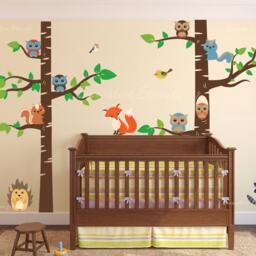 Birch Tree Wall Nursery Decal Forest With Owl Birds Squirrels Fox Porcupine Racoon Vinyl Sticker Woodland Children Decor Removable #1327 - thumbnail 2