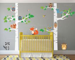 Birch Tree Wall Nursery Decal Forest With Owl Birds Squirrels Fox Porcupine Racoon Vinyl Sticker Woodland Children Decor Removable #1327