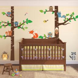 Birch Tree Wall Nursery Decal Forest With Owl Birds Squirrels Fox Porcupine Racoon Vinyl Sticker Woodland Children Decor Removable #1327 - thumbnail 3