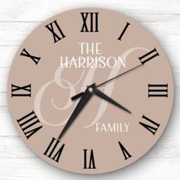 Coral Beige Family Name Initial Personalised Gift Clock