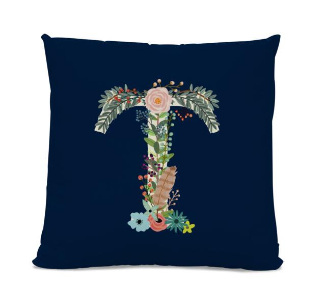 Initial Pillow - Floral Letter With T Monogrammed Custom Throw Flower Monogram