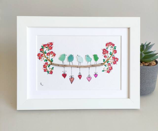 Sea Glass Art Family, Birds, Sisters, Family Life, Frame - image 1