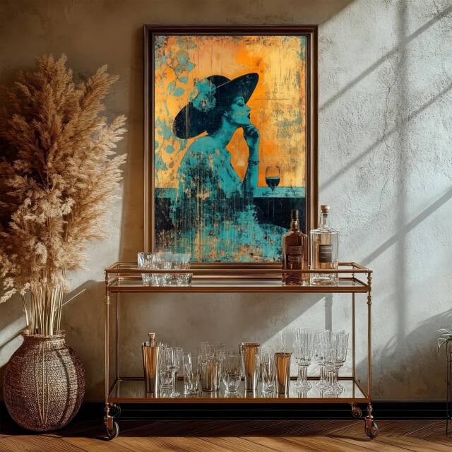 Art Nouveau Vintage Lady Powder Room Wall Art, Large Deco Teal Gold Retro Lovers Gift, Living Decor - image 1