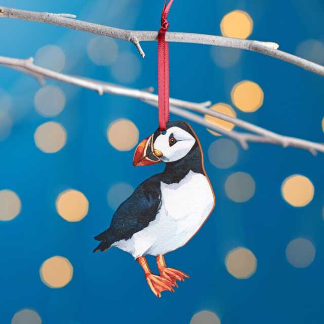 Puffin Christmas Tree Decoration, Birch Plywood Ornament, Animal Lover Gift, Festive Watercolour Art, Traditional Keepsake - image 1