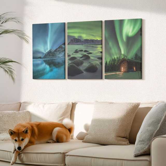 Canvas Set Of 3 Wall Art - Winter With The Northern Lights Over Mountains, Green Picture Print, Landscapes Hanging Piece - image 1
