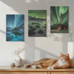 Canvas Set Of 3 Wall Art - Winter With The Northern Lights Over Mountains, Green Picture Print, Landscapes Hanging Piece - thumbnail 3