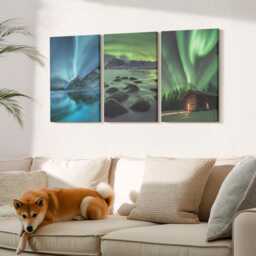 Canvas Set Of 3 Wall Art - Winter With The Northern Lights Over Mountains, Green Picture Print, Landscapes Hanging Piece - thumbnail 1