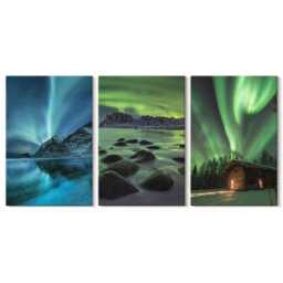 Canvas Set Of 3 Wall Art - Winter With The Northern Lights Over Mountains, Green Picture Print, Landscapes Hanging Piece - thumbnail 2