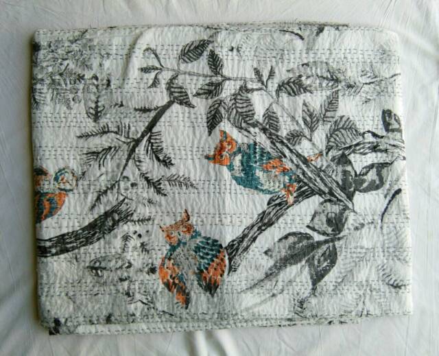 Decorative Bird & Floral Print New Indian Handmade Kantha Quilt Gudri Blanket Bedspread Size 108x90 - image 1
