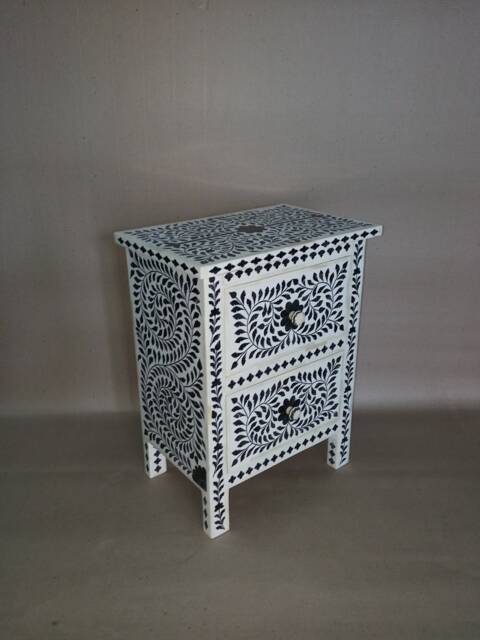 Bone & Horn Inlay Handmade Designer Black & White Floral Pattern 2 Drawers Nightstand - image 1
