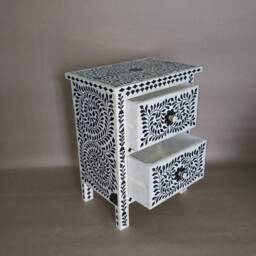 Bone & Horn Inlay Handmade Designer Black & White Floral Pattern 2 Drawers Nightstand - thumbnail 4