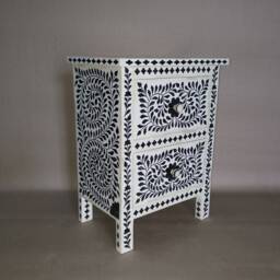 Bone & Horn Inlay Handmade Designer Black & White Floral Pattern 2 Drawers Nightstand - thumbnail 3
