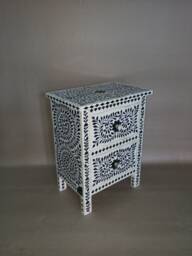 Bone & Horn Inlay Handmade Designer Black & White Floral Pattern 2 Drawers Nightstand - thumbnail 1