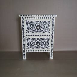 Bone & Horn Inlay Handmade Designer Black & White Floral Pattern 2 Drawers Nightstand - thumbnail 2