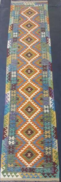 Classic Runner Rug, Handmade Artisan Afghan Turkish Aztec Natural Wool Kilim Rug 391x85 cm - image 1