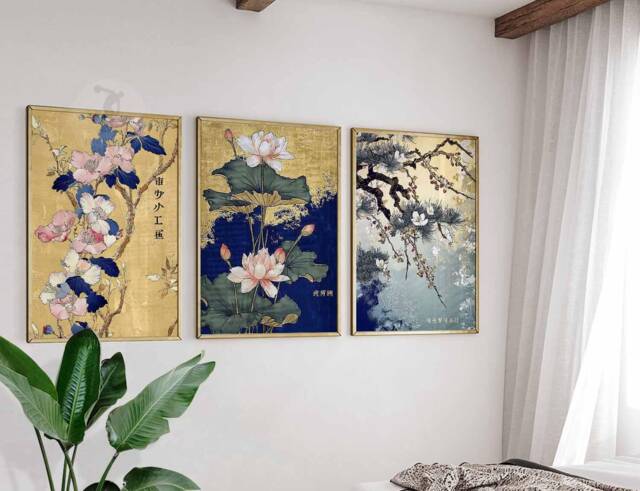 Set Of 3 Japanese Floral Prints, Wall Art, Katsushika Hokusai Botanical Decor, Tropical Boho Oriental Decor - image 1
