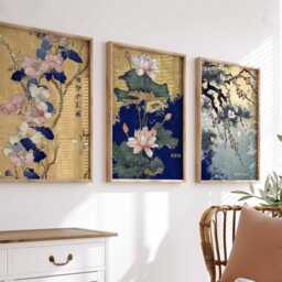 Set Of 3 Japanese Floral Prints, Wall Art, Katsushika Hokusai Botanical Decor, Tropical Boho Oriental Decor - thumbnail 2