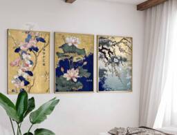 Set Of 3 Japanese Floral Prints, Wall Art, Katsushika Hokusai Botanical Decor, Tropical Boho Oriental Decor - thumbnail 1