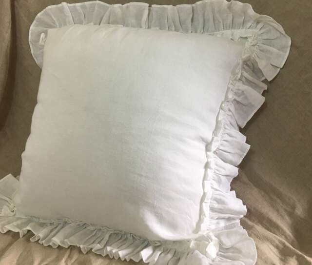 Vintage Ruffle Pillow Covers in White Linen, Accented Linen Euro Sham Covers, 12x16, 16x16, 18x18, 20x20, 24x24, 26x26 - image 1