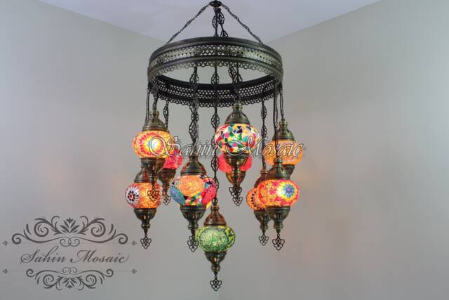 11 Ball Turkish Sultan Mosaic Chandelier - Handmade Design With Medium Globes - image 1