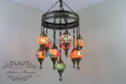 11 Ball Turkish Sultan Mosaic Chandelier - Handmade Design With Medium Globes