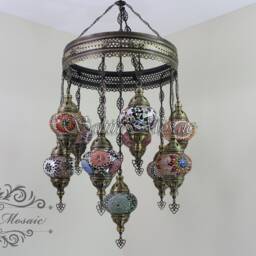 11 Ball Turkish Sultan Mosaic Chandelier - Handmade Design With Medium Globes - thumbnail 3