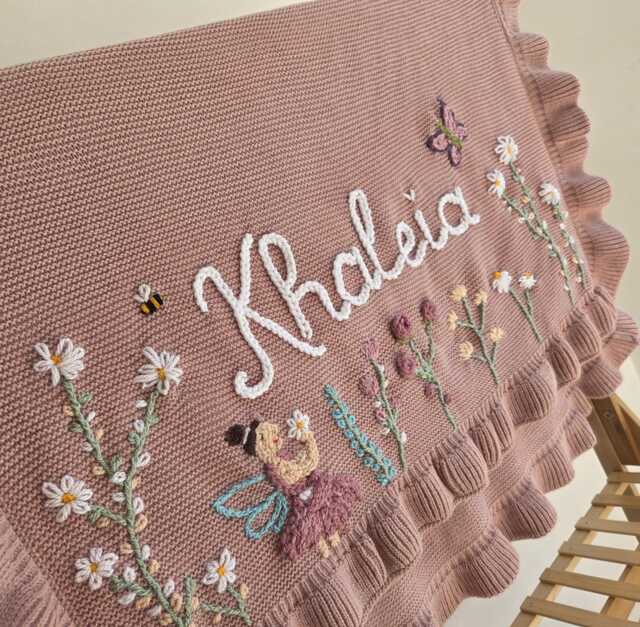 Personalised Baby Blanket - Hand Embroidered Name Custom Floral Nursery Keepsake Gift Girl - image 1