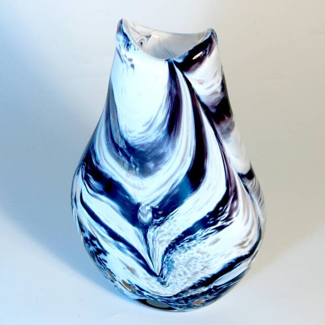 Hand Blown Unique Glass Vase - Black & White Aventurine Flat Ripple V13
