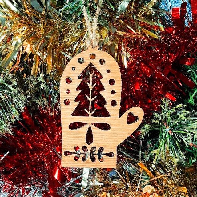 Wooden Festive Mitten Christmas Tree Decoration - Beautiful Xmas Ornament in Oak, Walnut Cherry Wood Or Silver, Gold, Red, Green Glitter - image 1