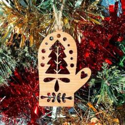 Wooden Festive Mitten Christmas Tree Decoration - Beautiful Xmas Ornament in Oak, Walnut Cherry Wood Or Silver, Gold, Red, Green Glitter - thumbnail 1