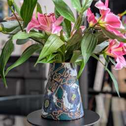 Hand-Painted Glass Vase - Deep Green, Gold & Midnight Blue Abstract Design Modern Table Centerpiece 20cm/8 - thumbnail 2