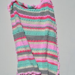 Crochet Baby Girl Blanket Pink, Mint, & Gray Striped Acrylic Blanket - thumbnail 2